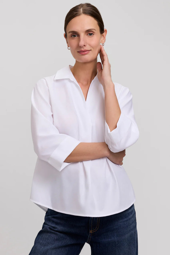 Foxcroft White Cleo Cotton Twill 3/4 Sleeve Popover Shirt