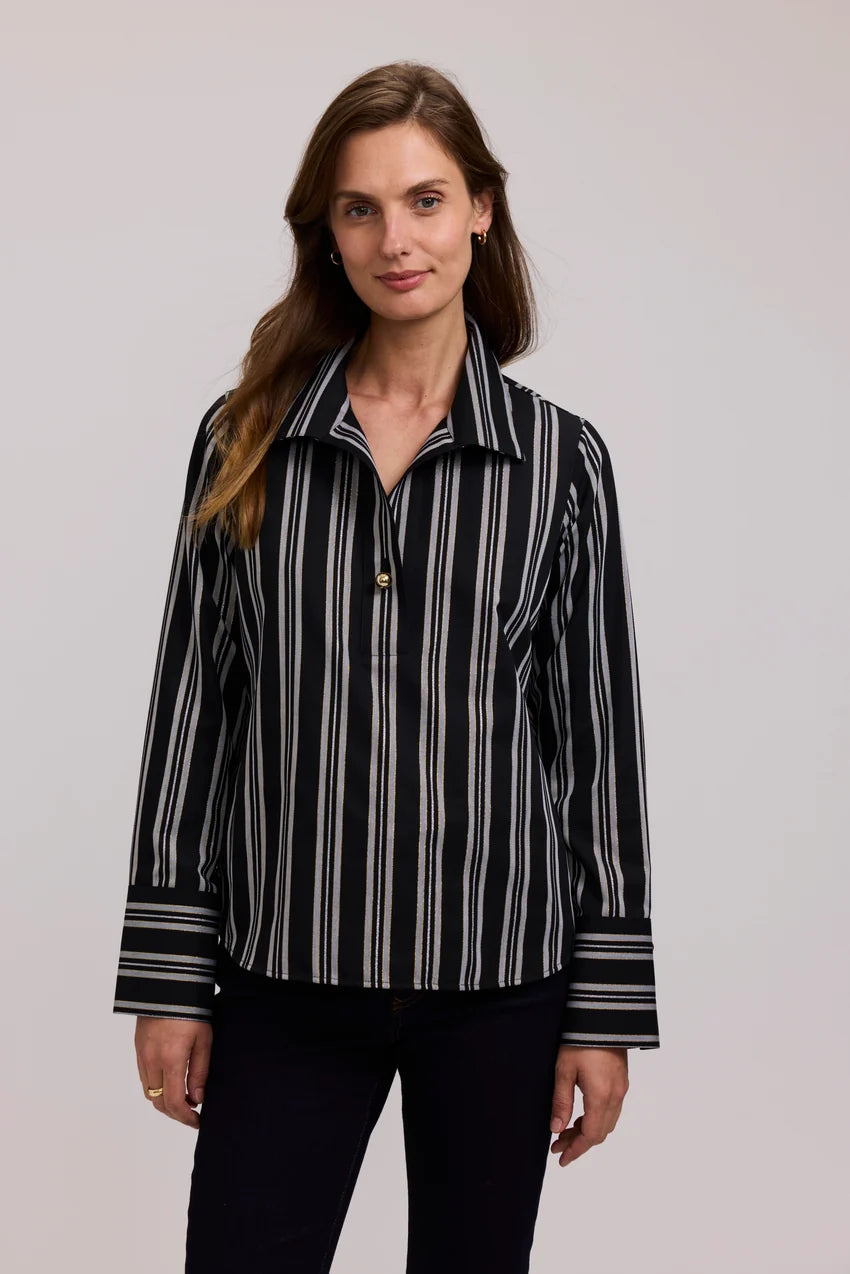 Foxcroft Catalina Shimmer Stripe Long Sleeve Popover Shirt