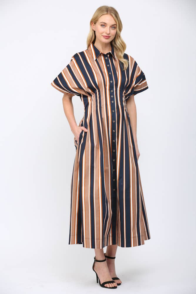 STRIPE PRINT CINCHED WAIST DOLMAN SLV SHIRT DRESS FD35727