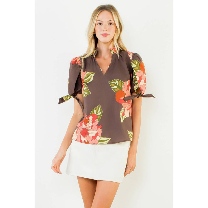 Ruffled Floral Top With Bow Tie Sleeve