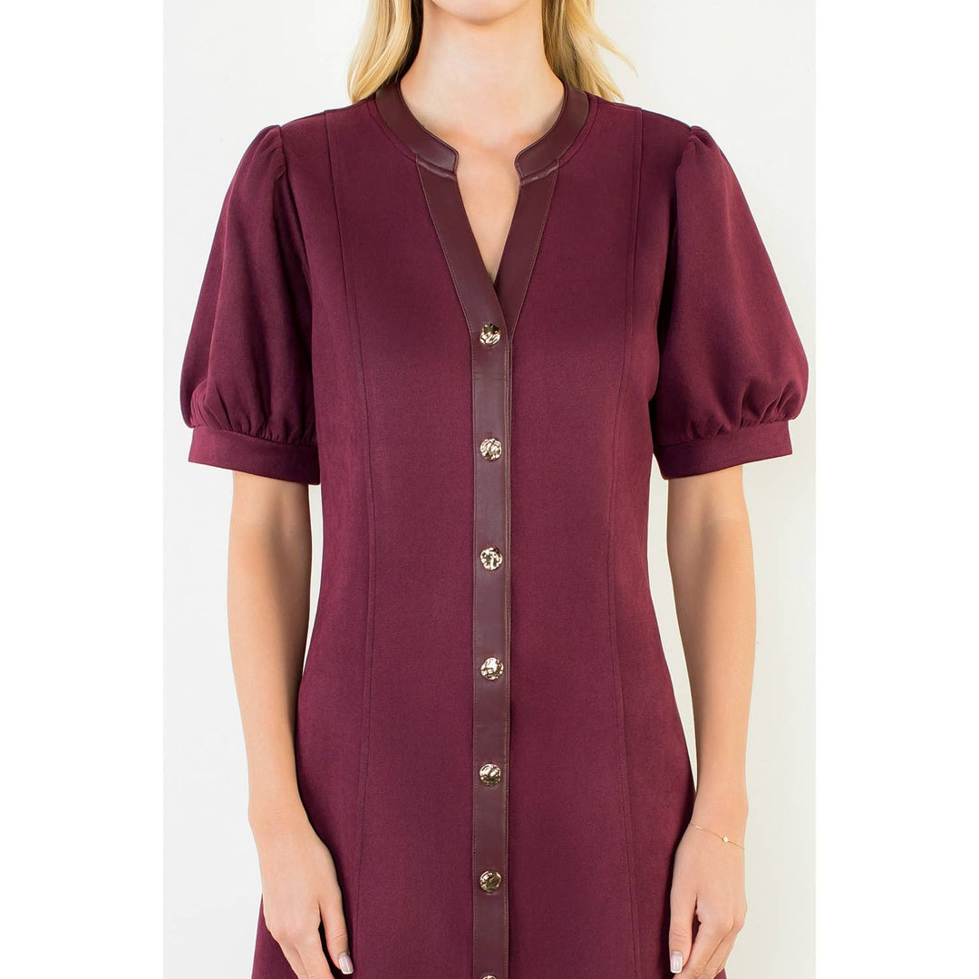 Burgundy Suede Short Dress With Gold Buttons