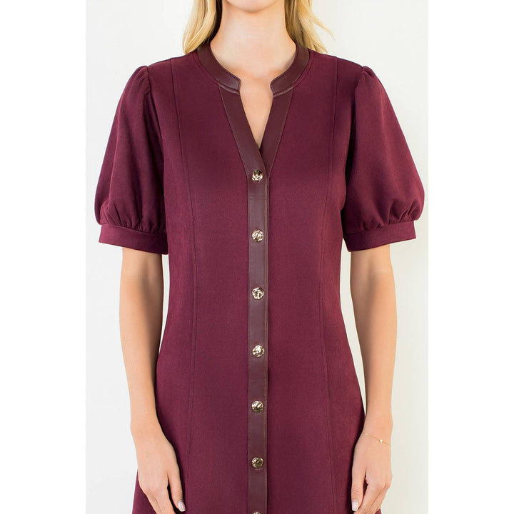 Burgundy Suede Short Dress With Gold Buttons