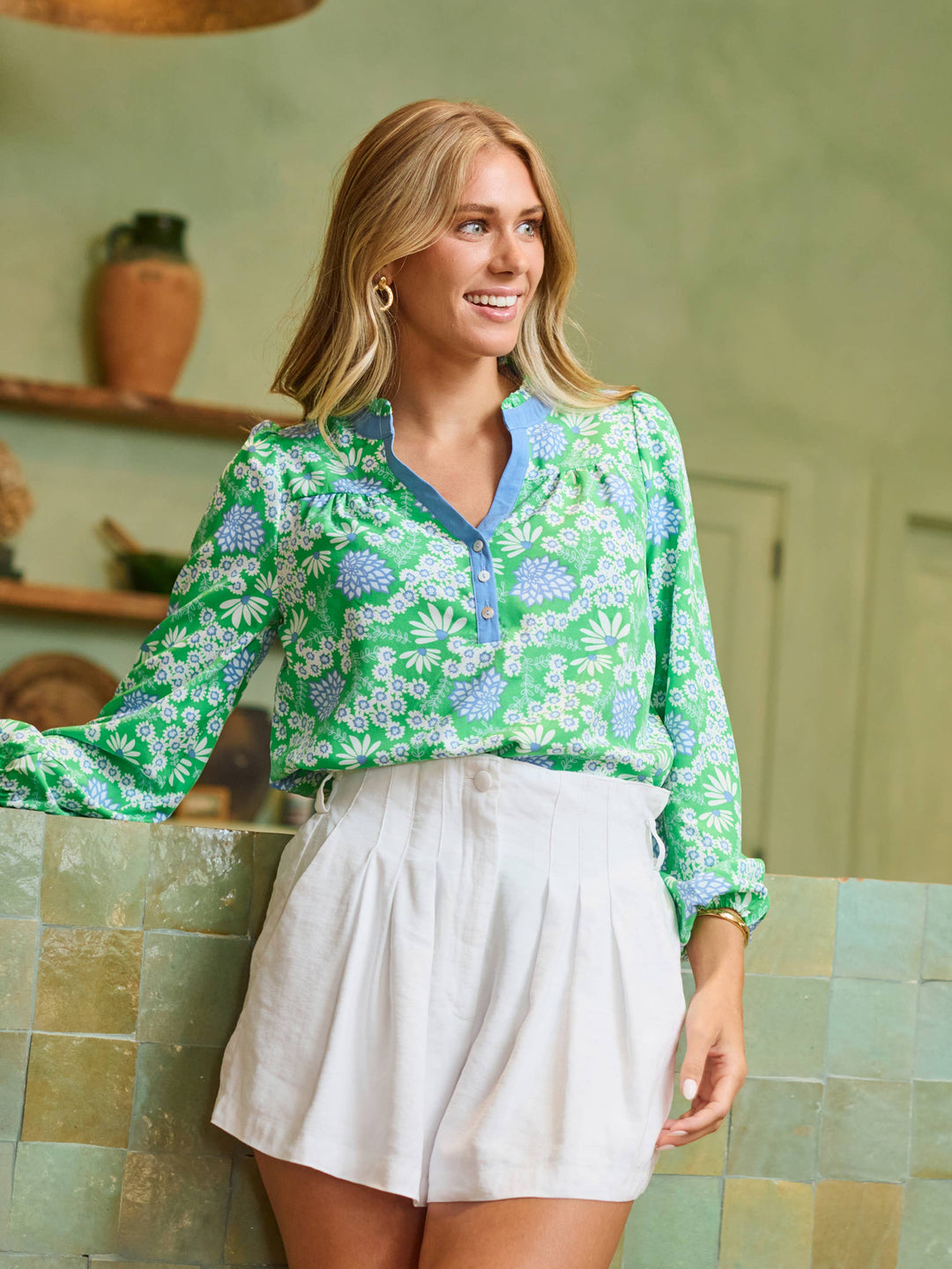 Mary Square Gianna Top | Daisy Chain Green