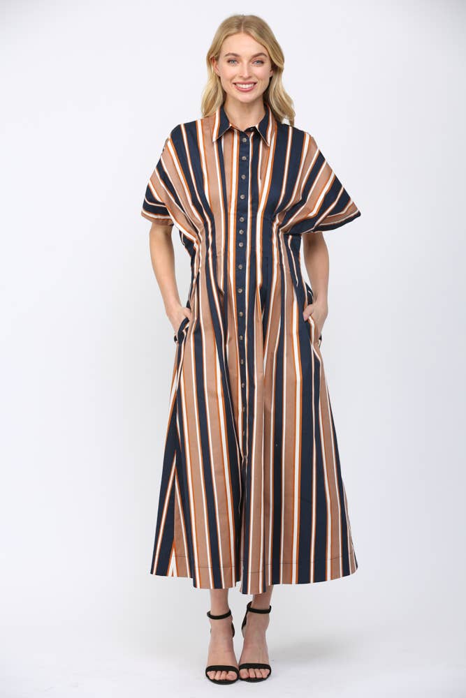 STRIPE PRINT CINCHED WAIST DOLMAN SLV SHIRT DRESS FD35727