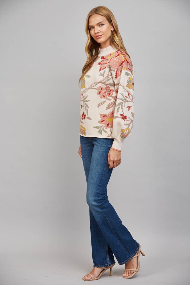 FLORAL PATTERN JACQUARD KNIT MOCK NECK SWEATER FW10926