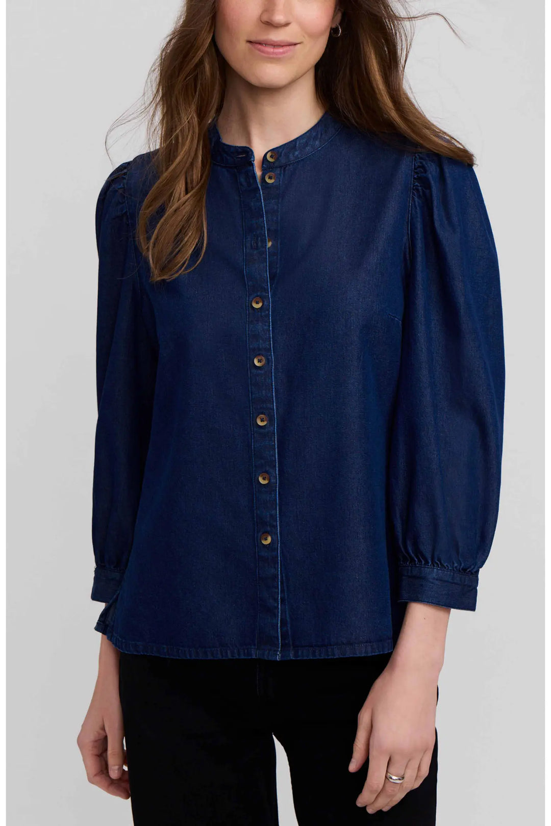 Foxcroft Dark Wash Blue Helsa Puff Sleeve Denim Shirt