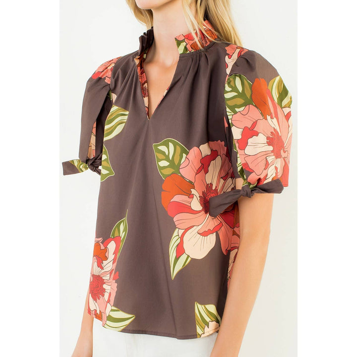 Ruffled Floral Top With Bow Tie Sleeve