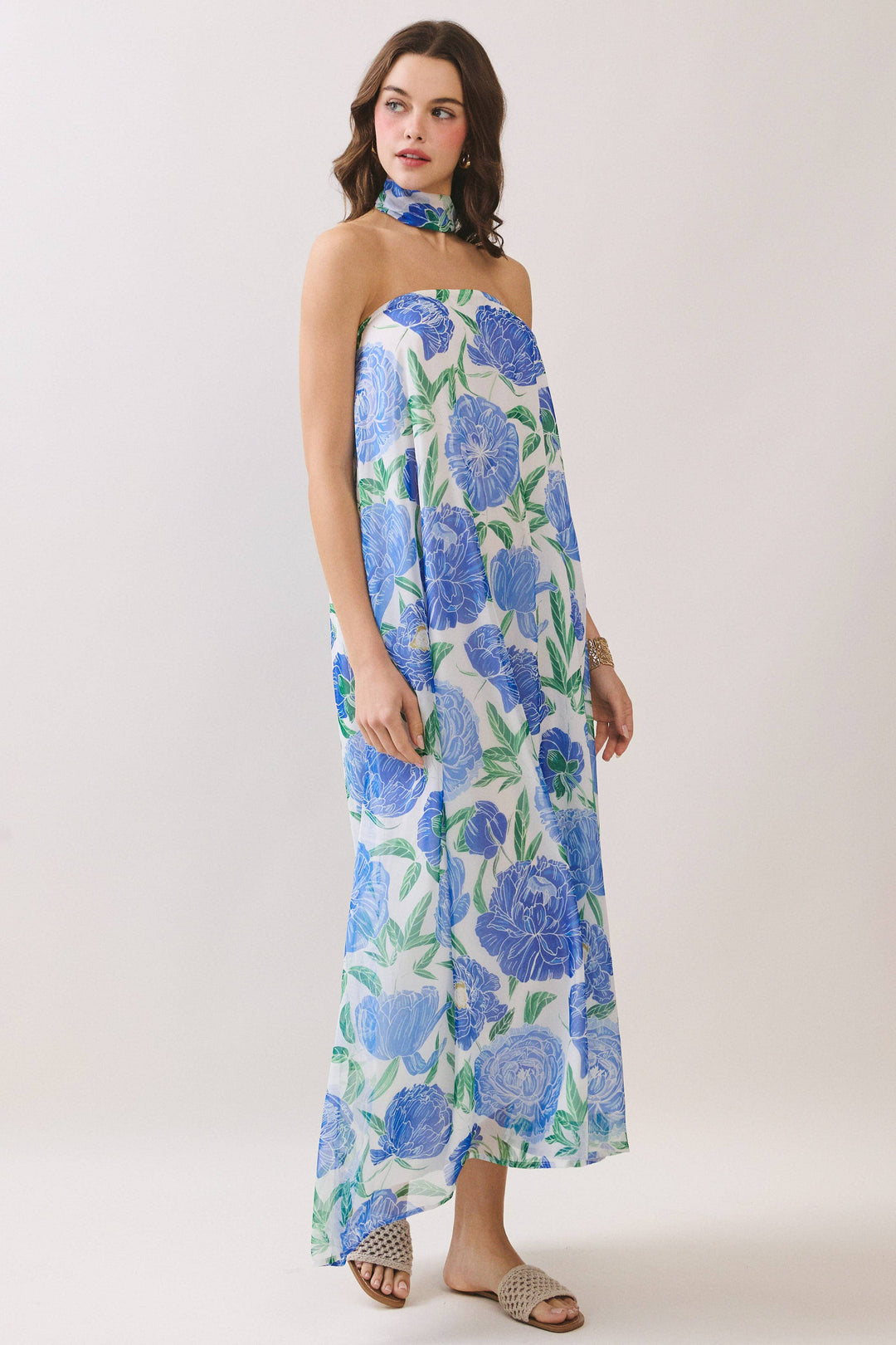 Strapless Floral Maxi Dress with Convertible Scarf