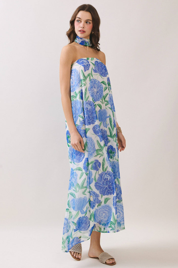 Strapless Floral Maxi Dress with Convertible Scarf
