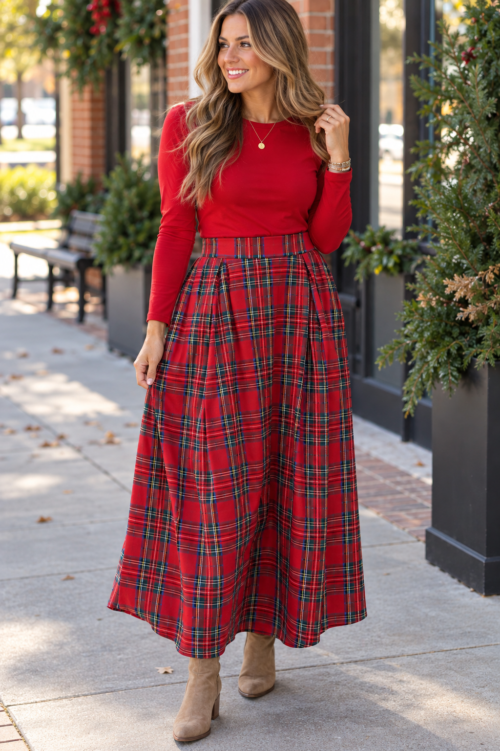 She + Sky Woven Christmas Plaid Elastic Waistband Midi Skirt with Pockets