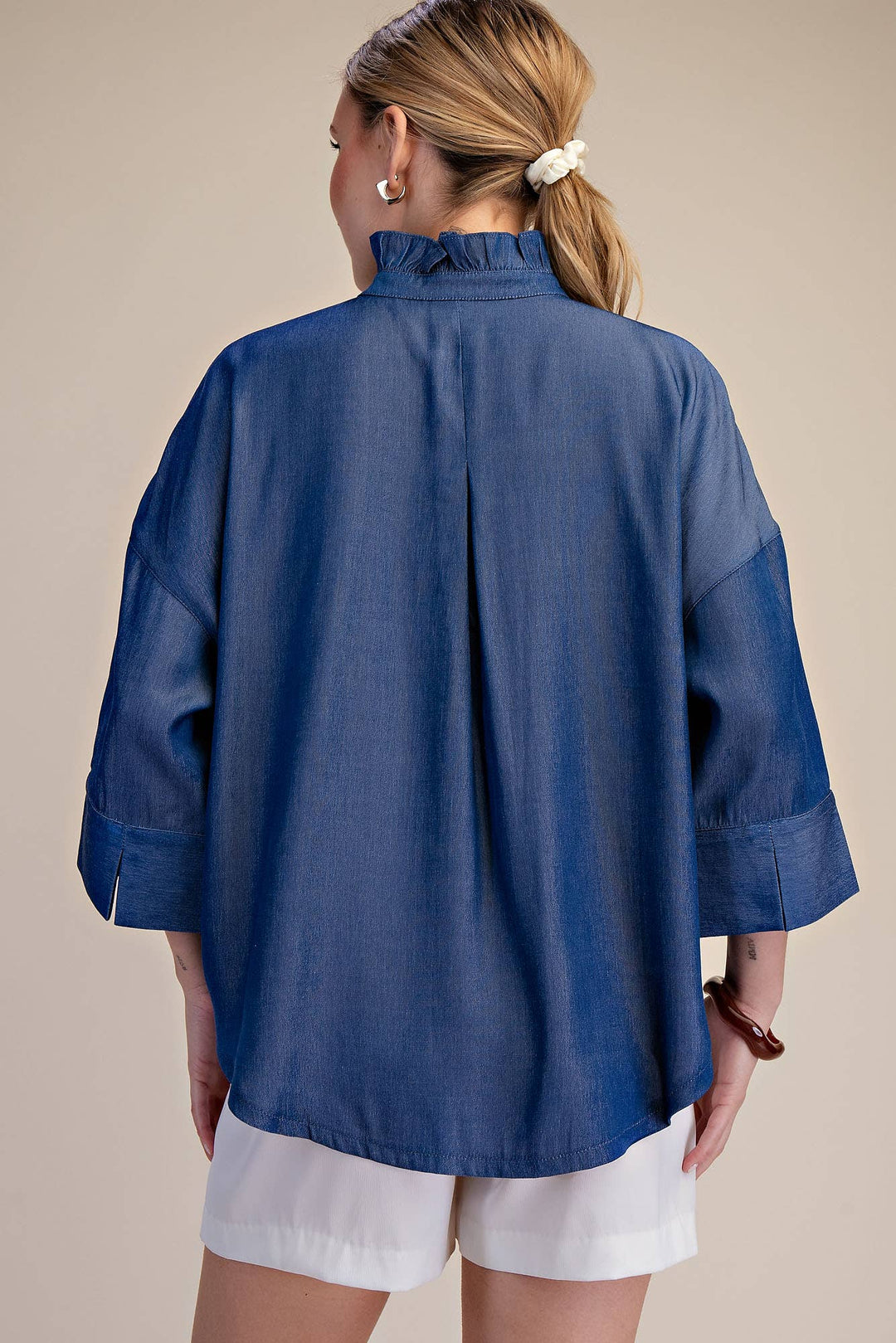 Glam Indigo Ruffle V-neck Wide Sleeve Shirt