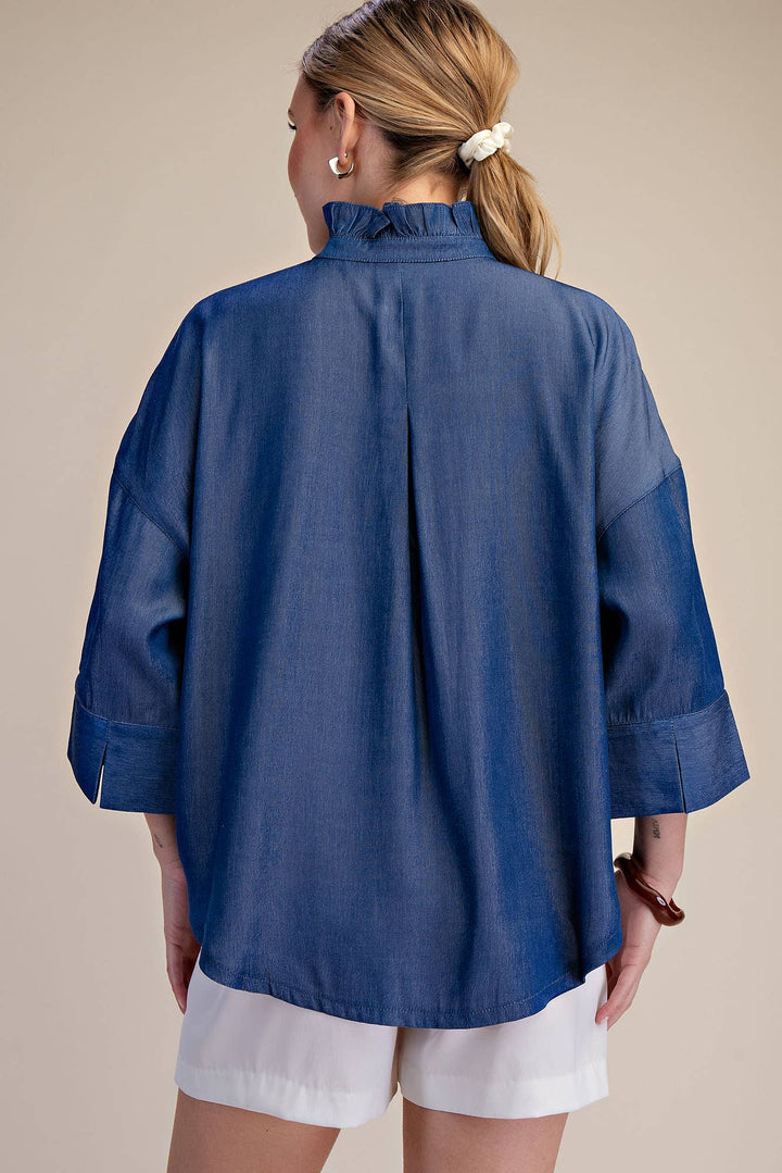 Glam Indigo Ruffle V-neck Wide Sleeve Shirt
