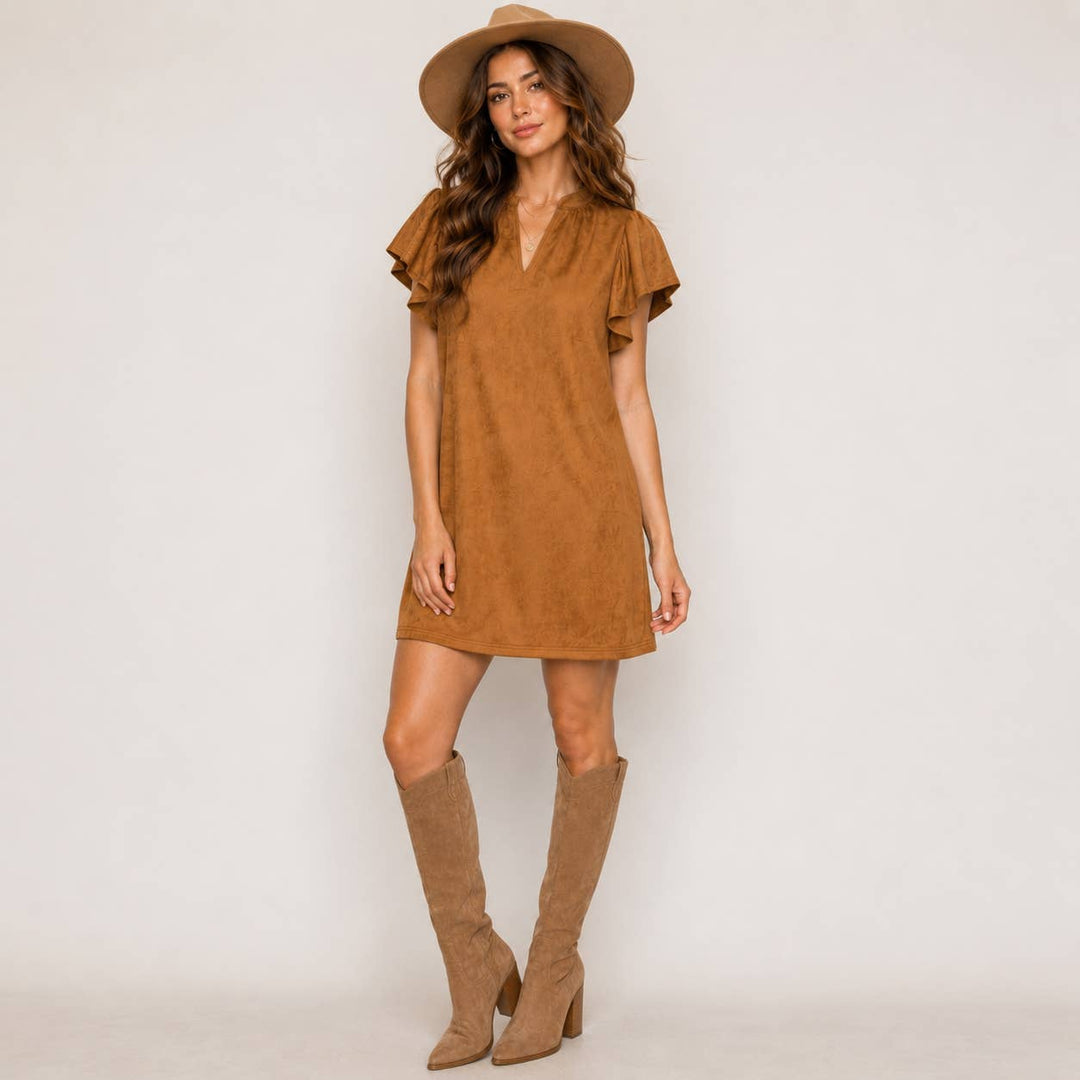 Suede Flutter Sleeve Shift Mini Dress