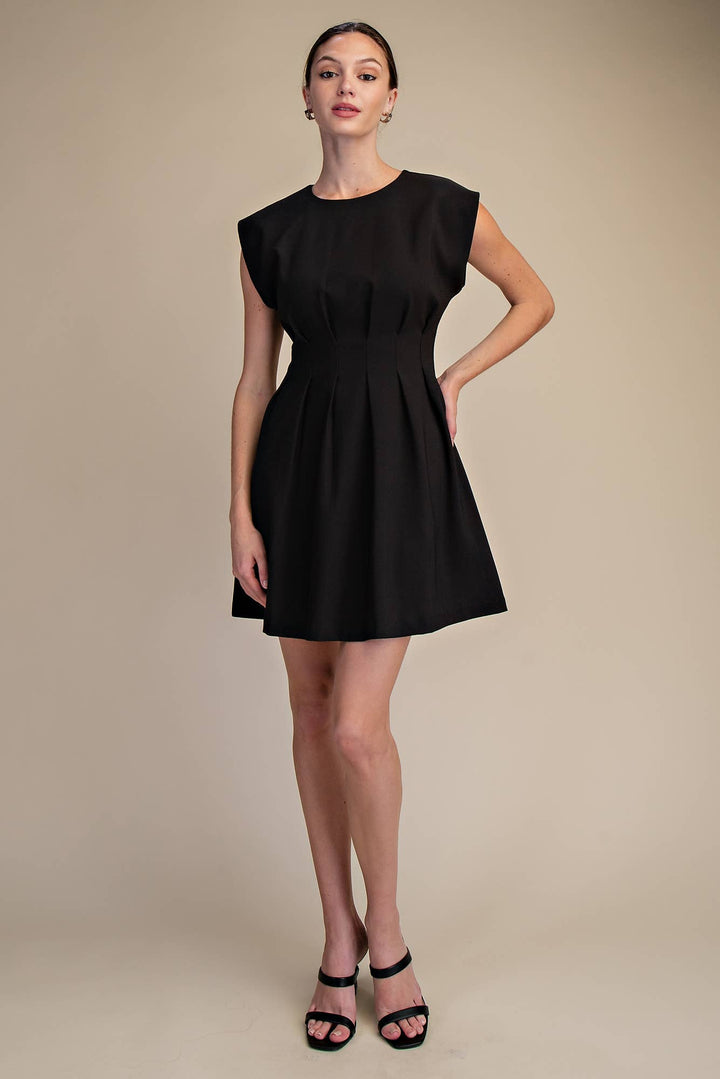 Glam Black Round Neck Pleated Midi Dress