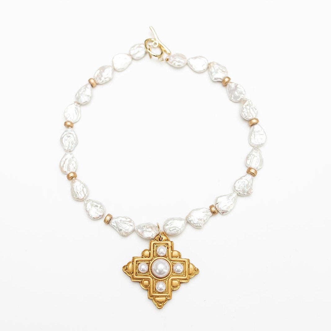 Hidden Truth Jewelry 18" Teardrop Fresh Water Pearls with Ellie Pearl Cross Necklace