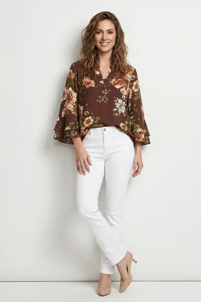 Linique Floral Ruffle Sleeve Button Front Top