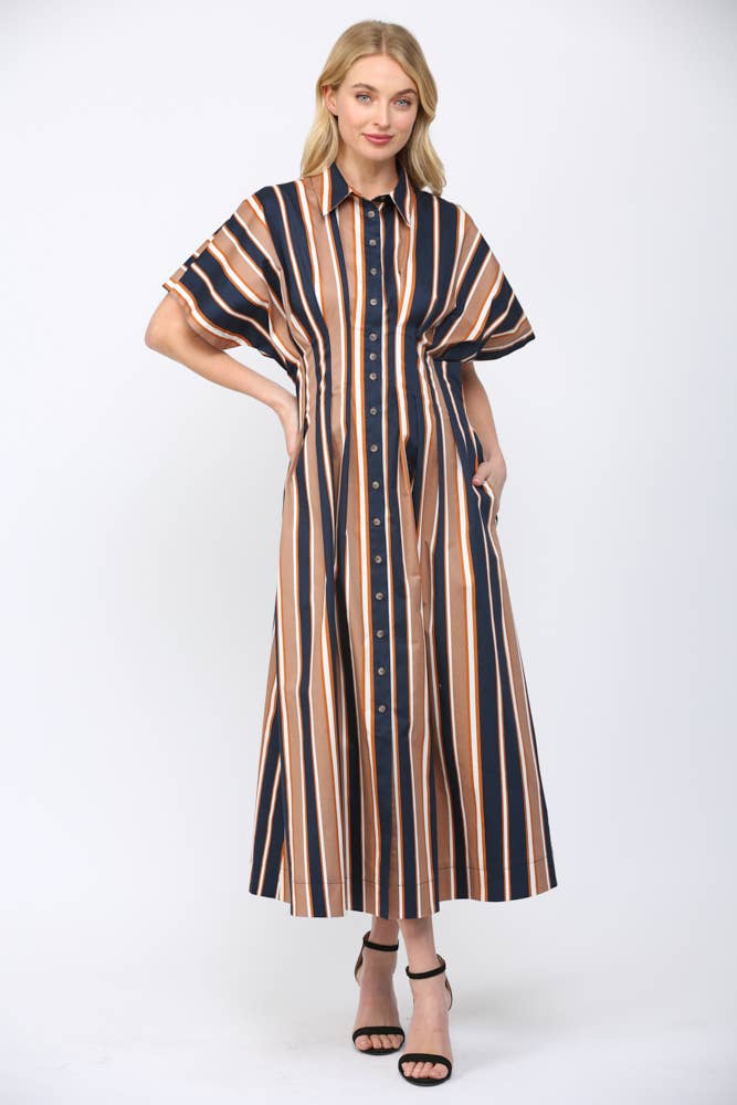 STRIPE PRINT CINCHED WAIST DOLMAN SLV SHIRT DRESS FD35727