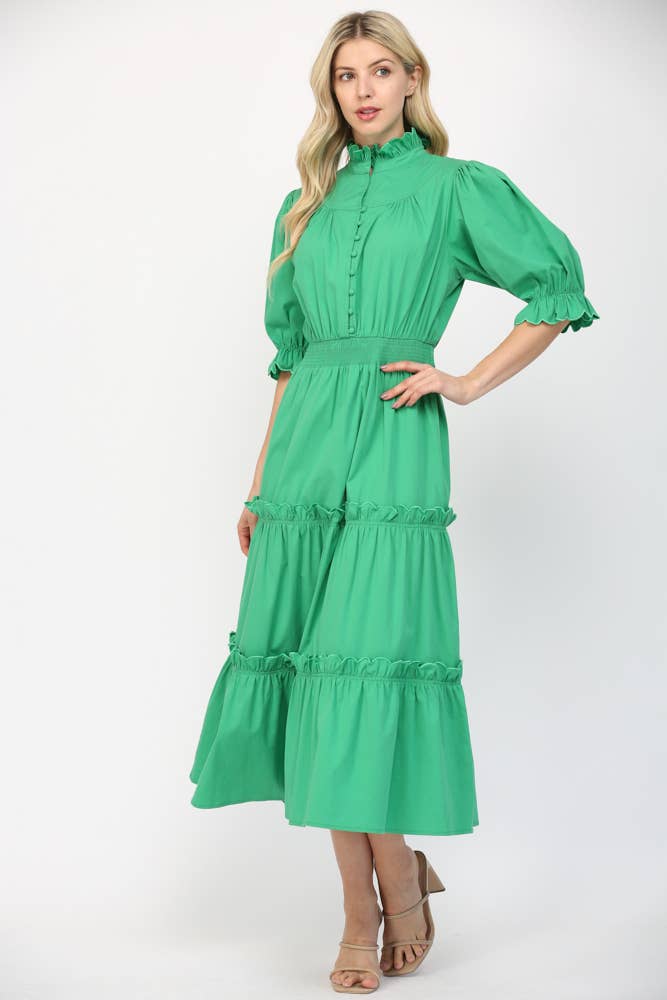 Fate Scalloped Edge Detailed Short Sleeve Maxi Dress- Green