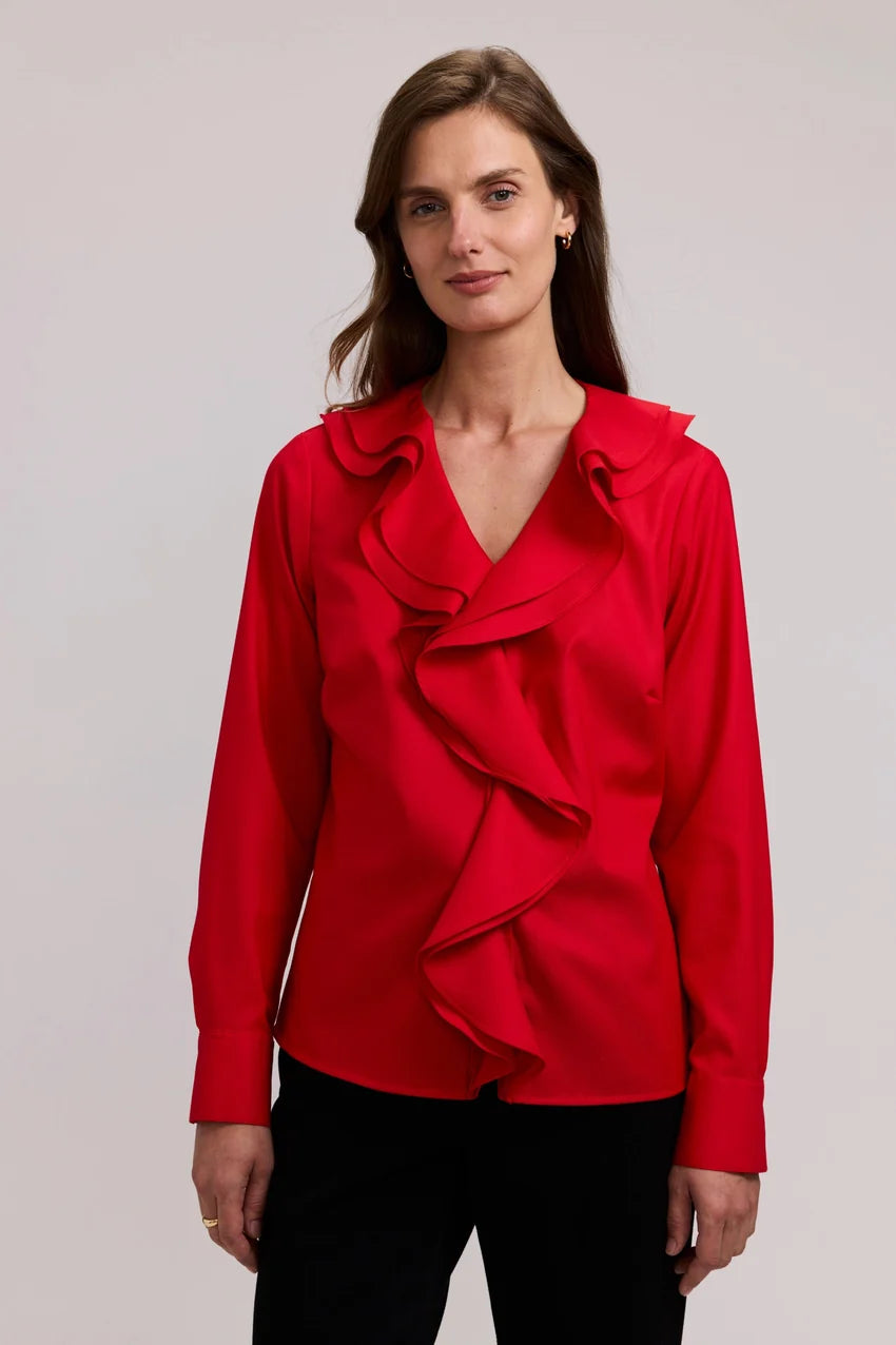 Foxcroft Shantel Ruffle Long Sleeve Popover Shirt- Simply Red