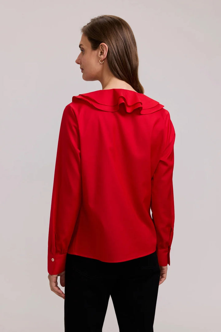 Foxcroft Shantel Ruffle Long Sleeve Popover Shirt- Simply Red