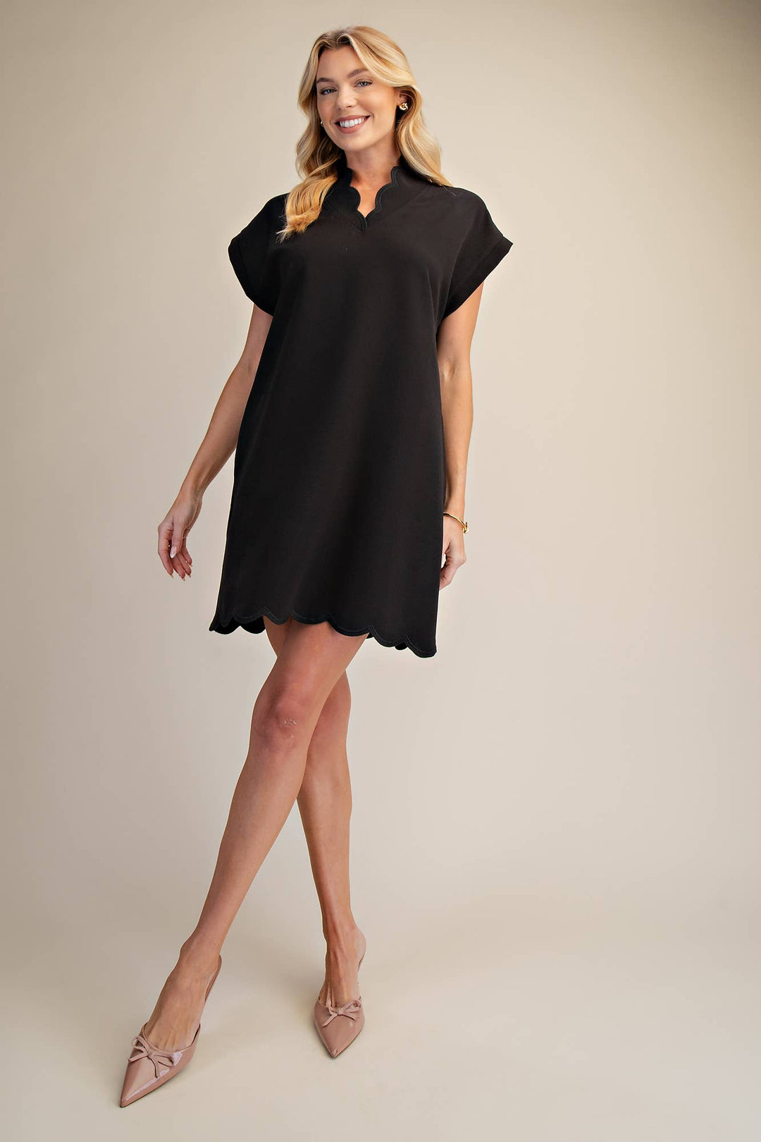 Black Scallop V-Neck Mini Dress