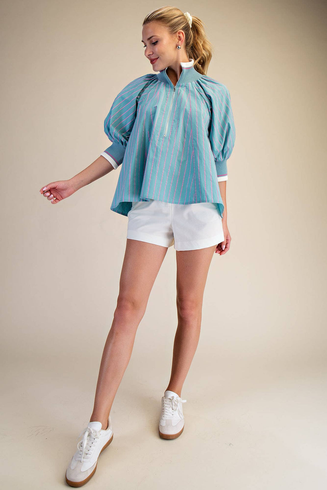 Glam Mint Mock Neck Puff Sleeve Blouse