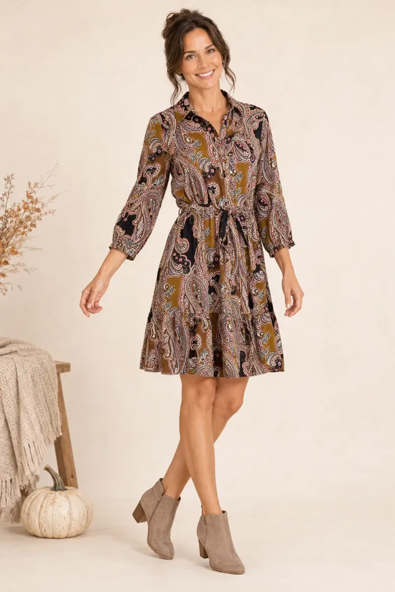 PAISLEY LUREX CHALLIS BALLOON SLEEVE DRESS