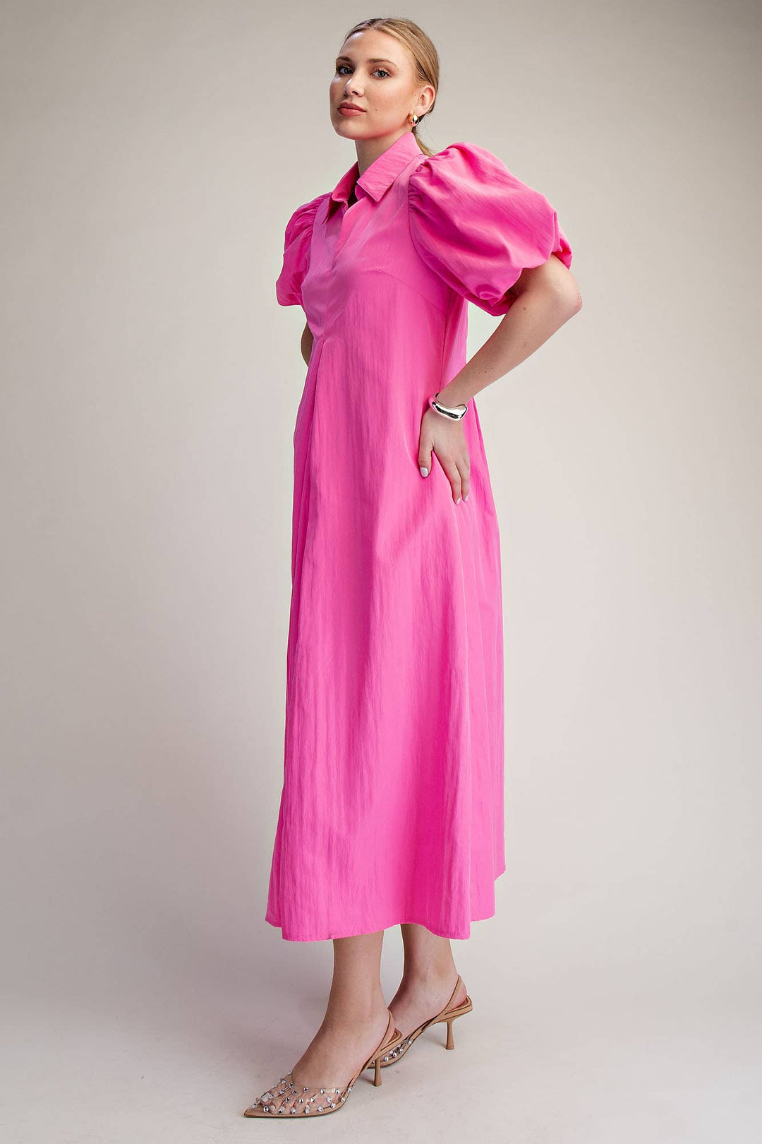 Hot Pink Collar V-Neck Puff Sleeve Pleated Midi Dress