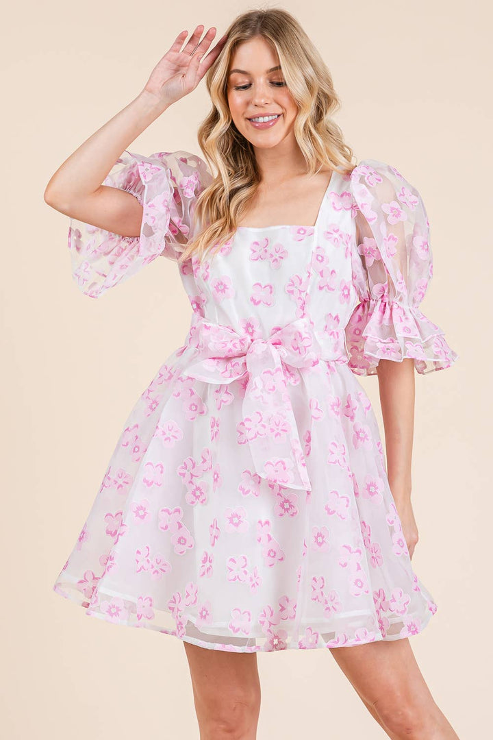 Pink Floral Organza Fit & Flare Mini Dress