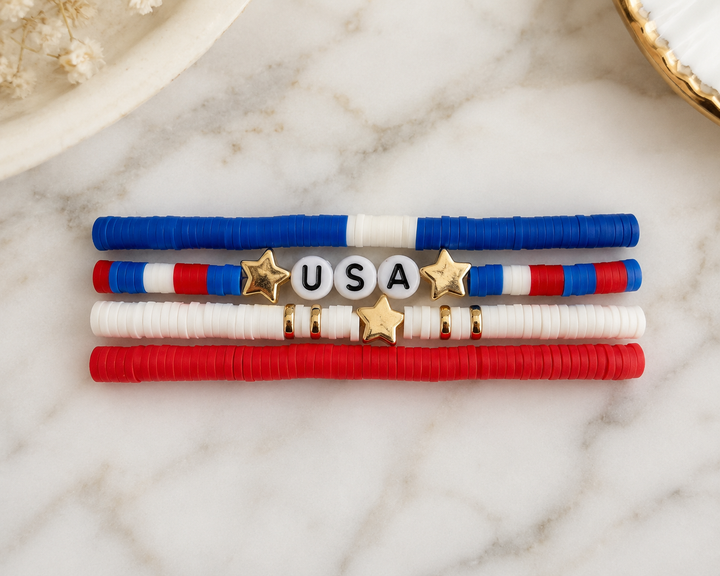 Set of 4 Red, White, & Blue USA Stretchy Bracelets