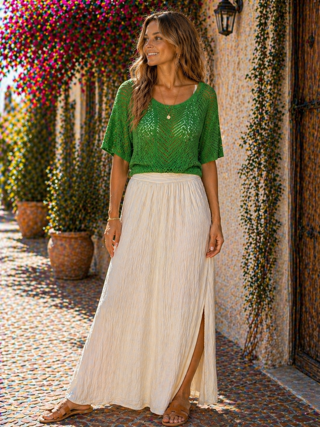 Kelly Green Open-Knit Short Sleeve Top