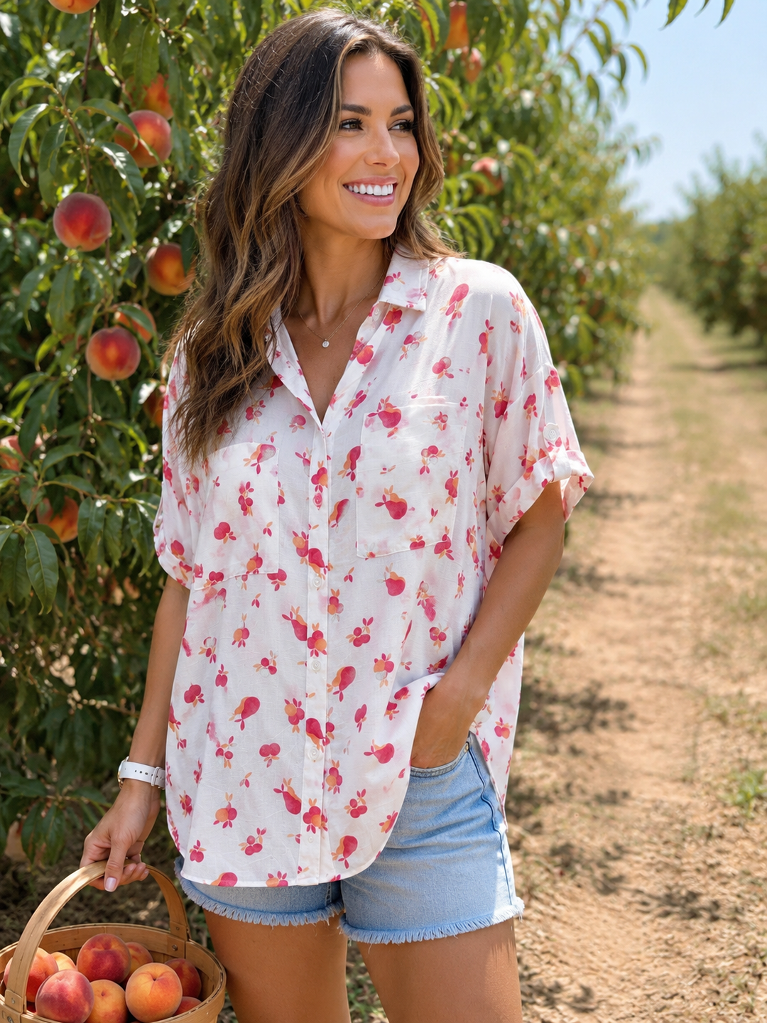 Tribal Peach Short Sleeve Button Up Tee