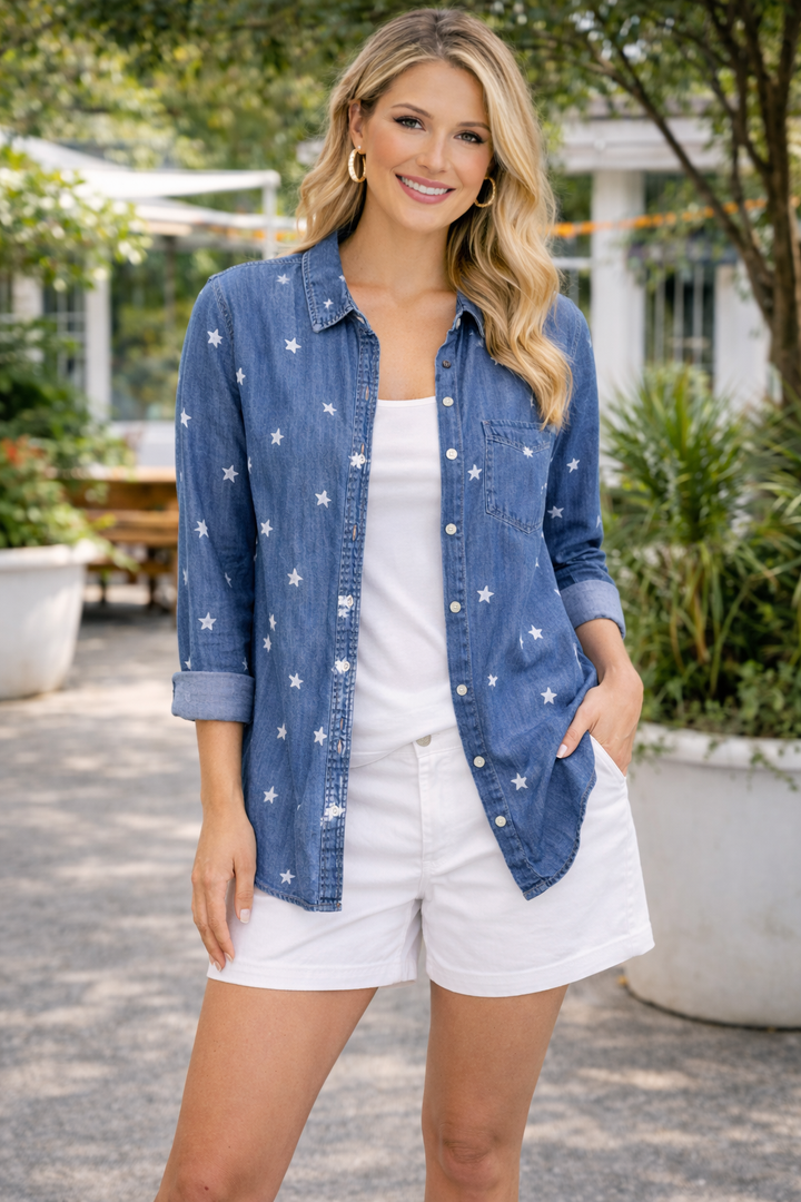Foxcroft Hampton Long Sleeve Stars Button Down Top-Navy