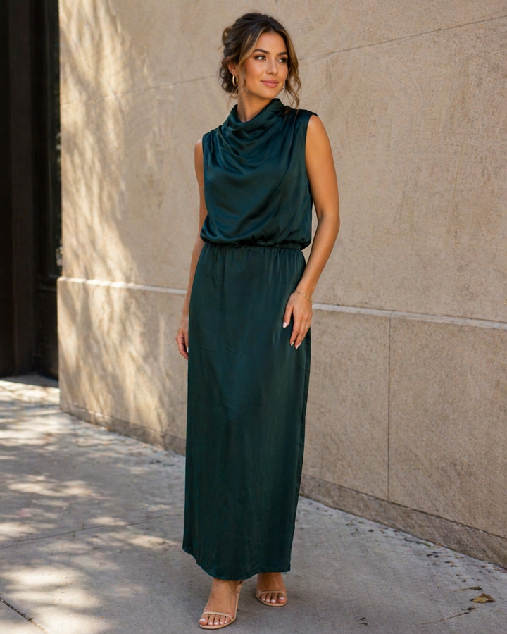 Hunter Green Satin High Neck Sleeveless Maxi Dress