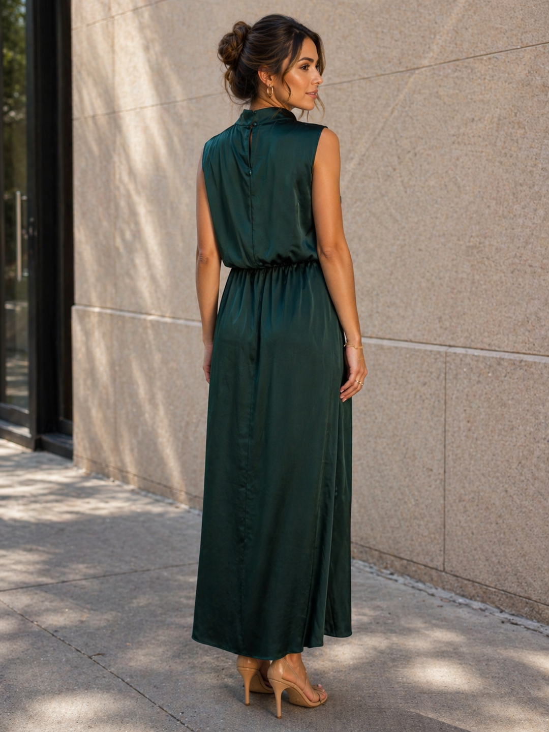 Hunter Green Satin High Neck Sleeveless Maxi Dress