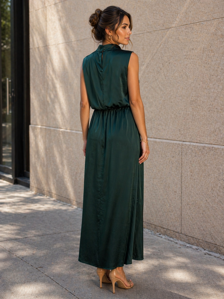 Hunter Green Satin High Neck Sleeveless Maxi Dress