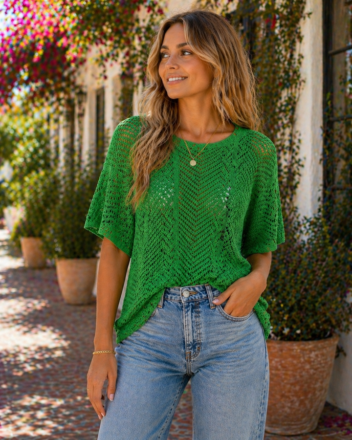 Kelly Green Open-Knit Short Sleeve Top