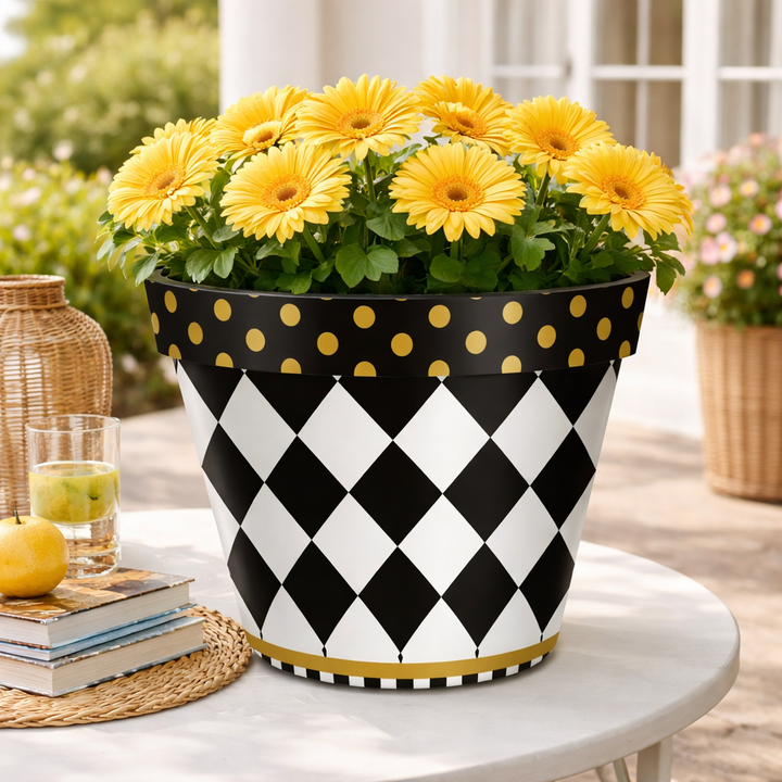 Briarwood Lane Black/White/Gold Checkerboard Large Planter - 15" x 15" x 14"