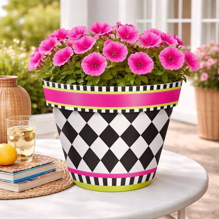 Briarwood Lane Pink/Black Neon Checkerboard Medium Planter - 11" x 11" x 11.75"