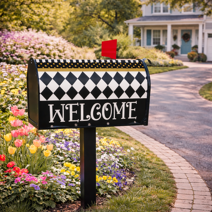 Briarwood Lane Black/White/Gold Checkerboard Mailbox Cover - 6.5"W x 19"L
