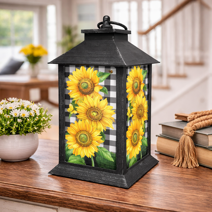 Briarwood Lane Checkered Sunflowers Lantern - 13.5" x 5.5" x 5.5"