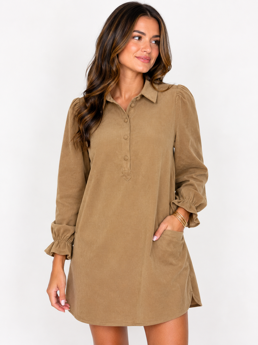 Joy Joy Taupe Corduroy Placket Collar Dress