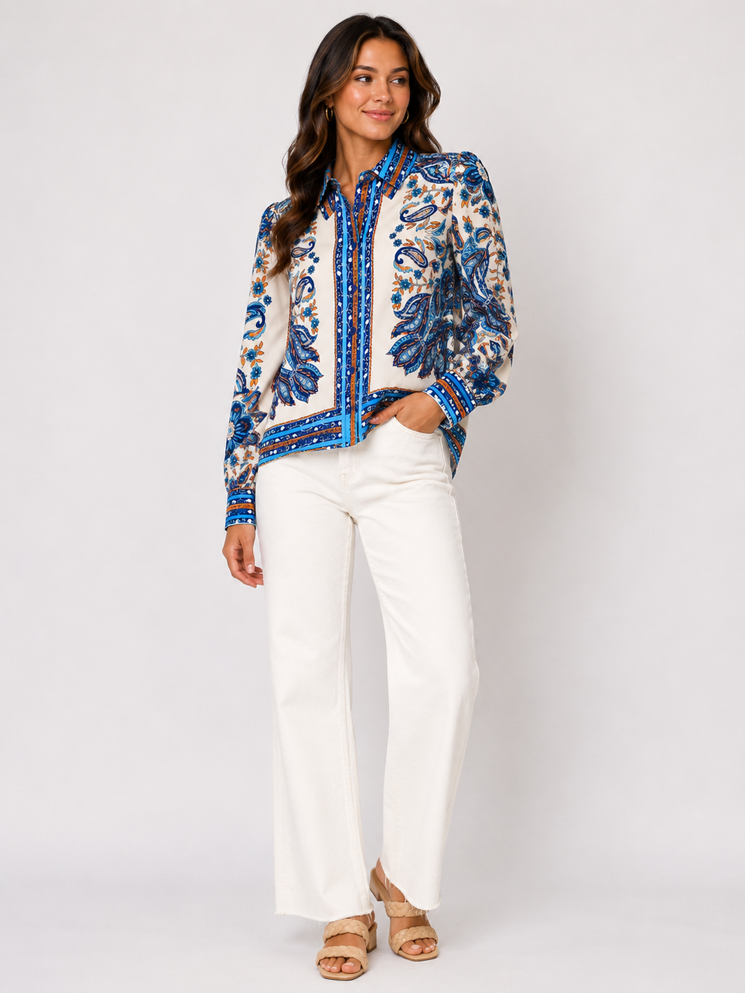 Joy Joy Blue Saffron Scarf Puff Sleeve Blouse