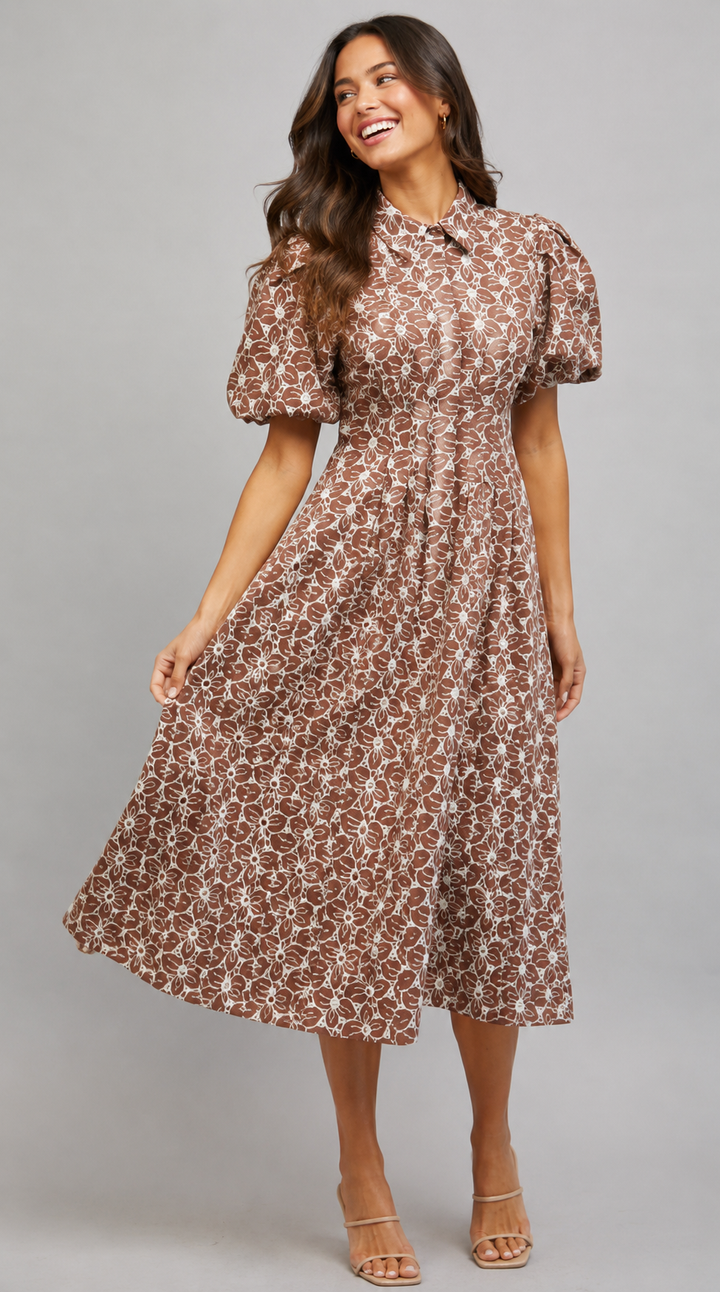 Brown Floral Eyelet Button Down Midi Dress w Cinched Waist