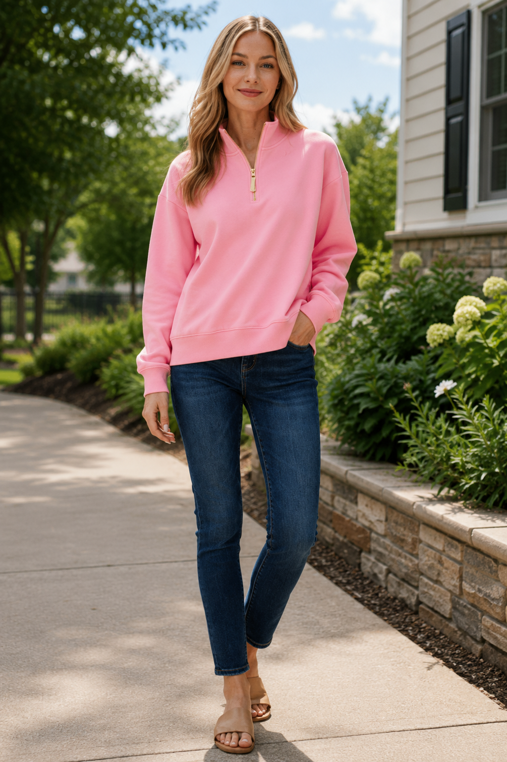 Pink Quarter Zip Fleece Sweatshirt