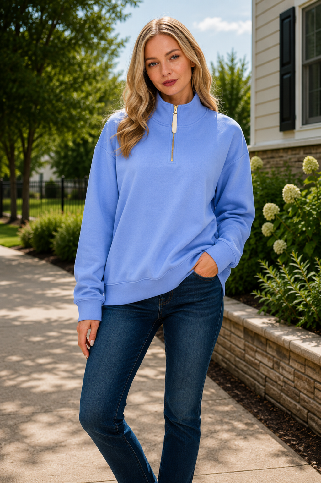 Cornflower Blue Quarter Zip Fleece Sweatshirt