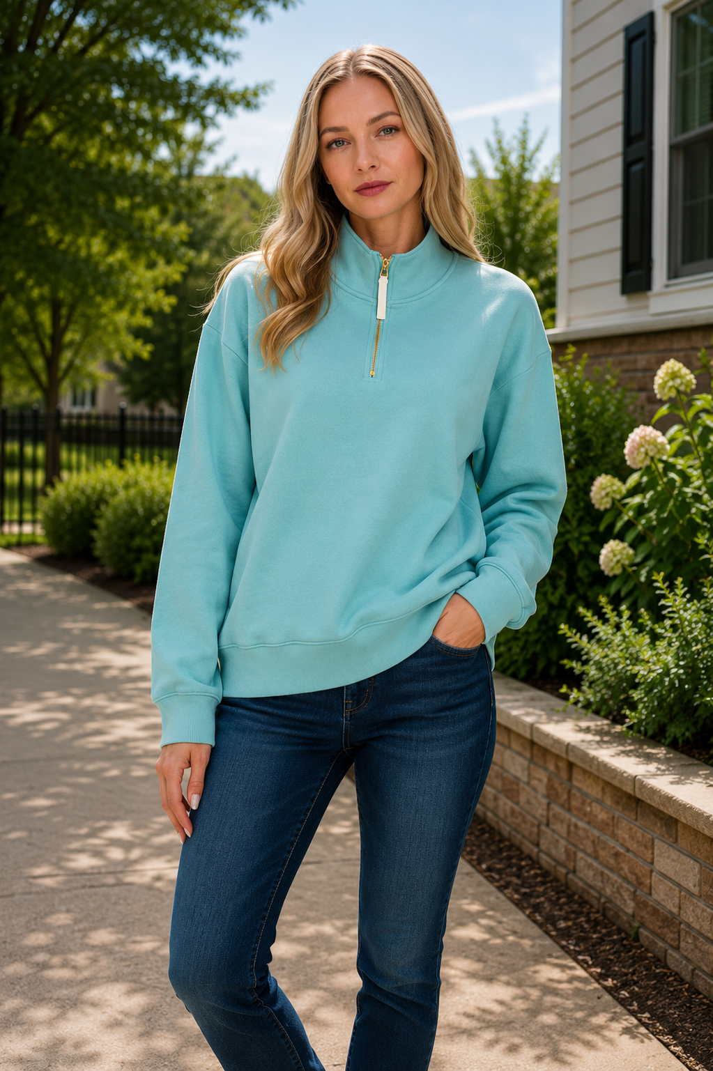 Dusty Teal Quarter Zip Fleece Sweatshirt