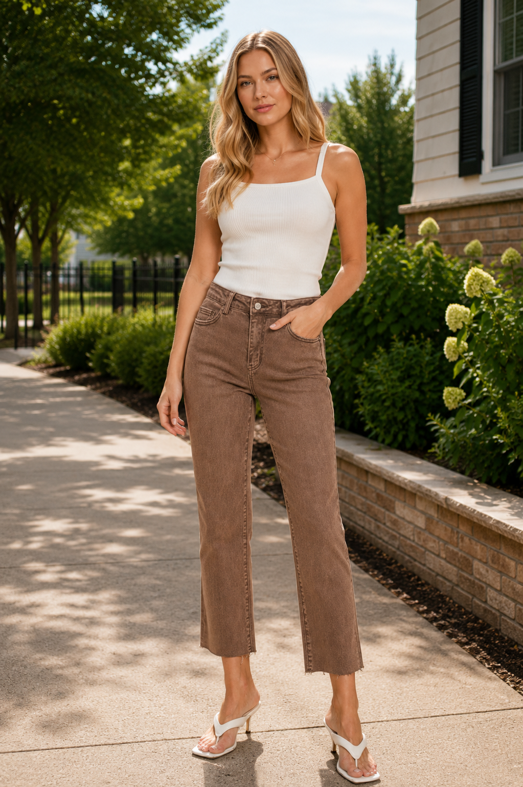 Zenana Brown HIgh Waisted Cropped Straight Leg Pants