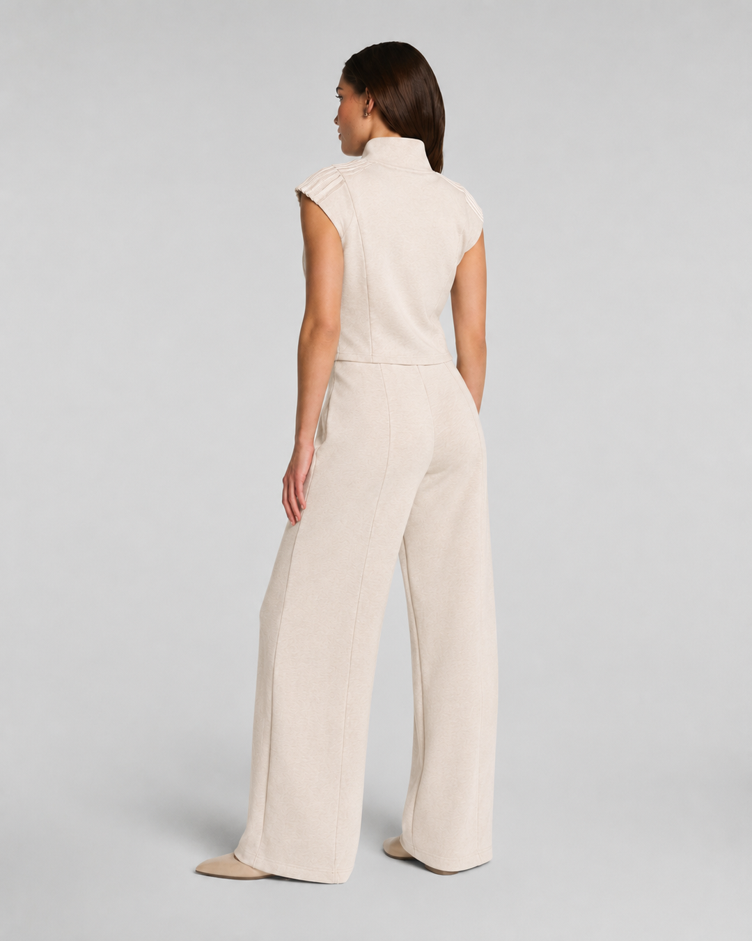 Spanx Airessentails Pintuck Half Zip Jumpsuit - Bone Heather