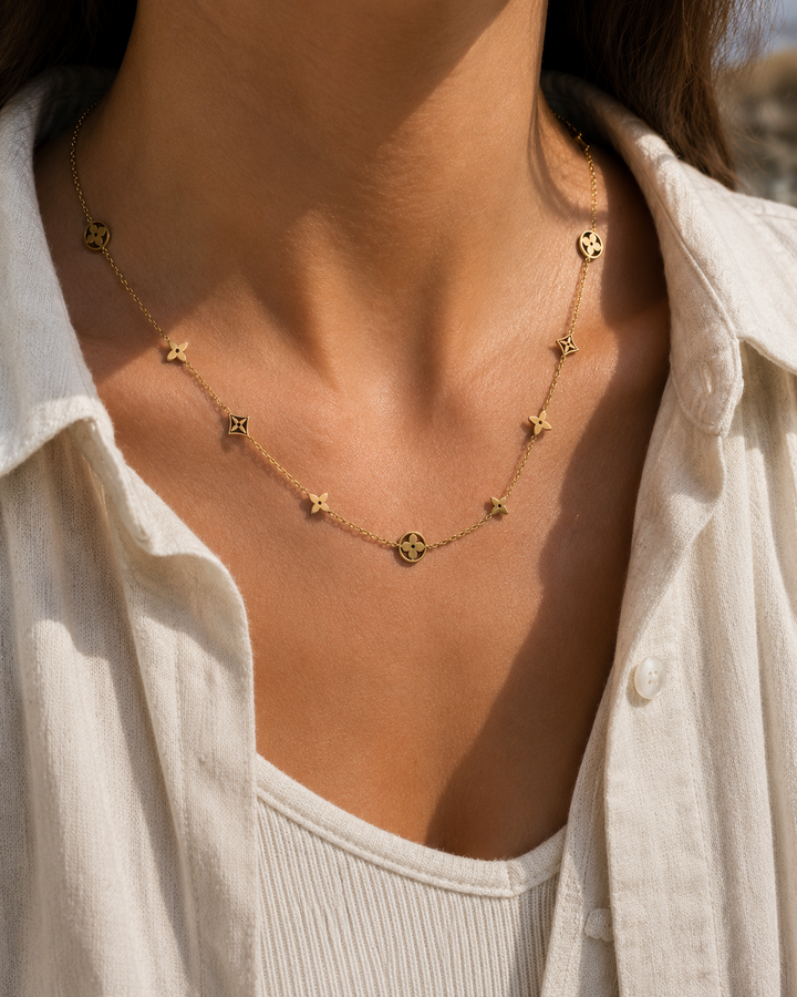Gold Circle, Flower, and Stud Charm Necklace
